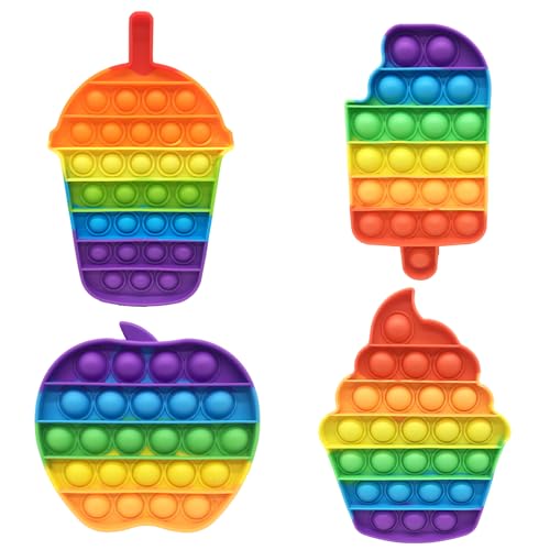 Cuackamily 4 Packs Pop Bubble Fidget Toy Set Silikon Regenbogen Sensorisches Spielzeug Eiscreme 2 Apfel Becher Relief Angst Autismus Antistress Geburtstag Gastgeschenke für Kinder und Erwachsene