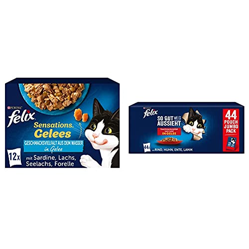 FELIX Sensations Gelees Katzenfutter nass in Gelee Fisch Sorten-Mix 6er Pack 6 x 12 Beutel 85g So gut wie es aussieht Katzenfutter nass in Gelee Sorten-Mix 44er Pack 44 x 85g