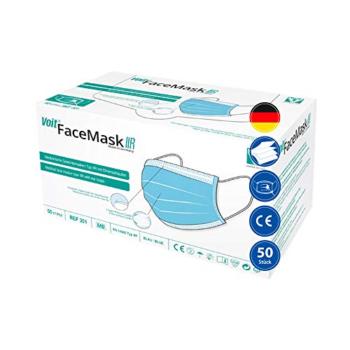VOIT - Medizinische Gesichtsmaske Typ IIR EN 14683 4-lagig Einweg-Mundschutz OP-Maske mit Ohrenschlaufen atmungsaktiv Made in Germany 50 Stück