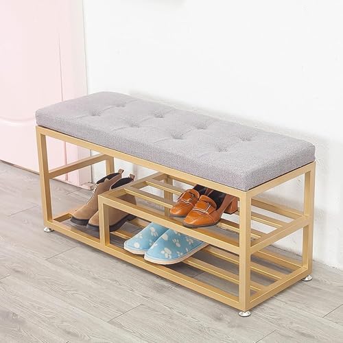 CATANK Moderne Schuhbank für den Eingangsbereich gepolsterte Schuhbank Schuhregal Sitzbank Schuhschrank für den Eingangsbereich mit goldenem Schuhregal Leinen 120 x 35 x 45 cm 47 x