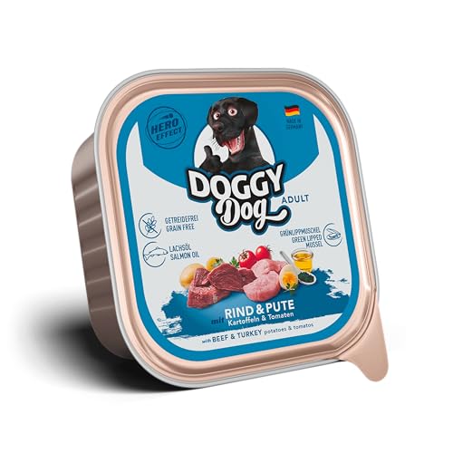 DOGGY Dog Pat Rind Pute 10 x 150 g Nassfutter für Hunde getreidefreies Hundefutter mit Lachsöl und Grünlippmuschel Alleinfuttermittel mit Kartoffeln und Tomate Made in Germany
