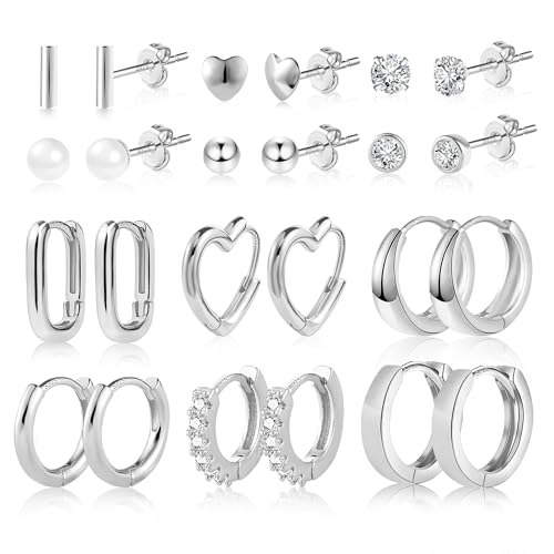 ASH S CHOICE Silber 925 Ohrringe Set 12 Paar Multipack Silber 925 Creolen Ohrstecker Kleine Set Glitz Creolen Eckig Oval Herz Kleine Ohrstecker mit Zirkon Strass Ohrringe Silber für Damen