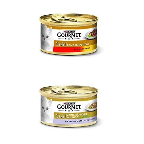 Gourmet Gold Katzenfutter 24er Mix-Pack 2 x 12 x 85g Komposition Rind Huhn und Häppchen Kalb