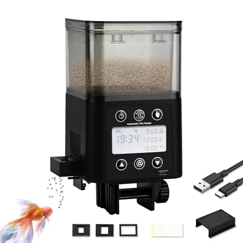 Podazz Automatischer Fischfutterautomat wiederaufladbarer Timer-Futterspender für Fischfutter mit LCD-Display 320 ml feuchtigkeitsbeständiger elektrischer Fischfutterspender für das Wochenende im