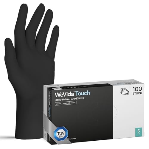 WeVida Touch 100x Einweghandschuhe Schwarz M strapazierfähige reißfeste Gummihandschuhe latexfrei puderfrei Nitrilhandschuhe für Kochen Reinigen Tattoo Nagelpflege