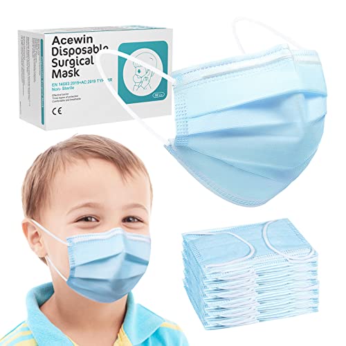 Acewin Einwegmasken Kinder 3 Lagig CE Zertifizierte 50 Stück Kinder Mund Nasen Schutz Einweg Gesichtsmaske Kindermasken