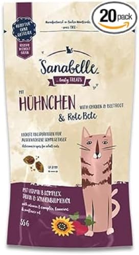 Sanabelle Knusperkissen mit Huhn und Rote Beete Ergänzungsfuttermittel für ausgewachsene Katzen 20 x 55 g