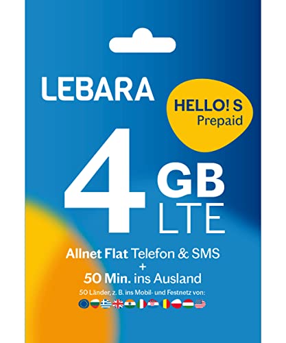 Lebara mit Hello S Tarif Vertrag Allnet Flat Telefonie 4 GB Datenvolumen inkl. 50 Frei Min. ins Ausland