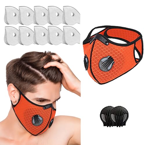 JewelryWe Gesichtsmaske Mundschutz mit Filter Ventil Orange Mund und Nasenschutz mit 2 Atemventile und 10 Aktivkohlefilter - Verstellbar Wiederverwendbar Waschbar Staubmaske Arbeitsmaske für Outdoor