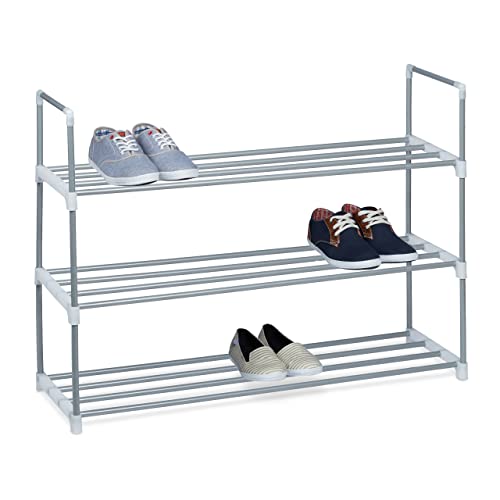 Relaxdays Schuhregal Stecksystem 3 Ebenen für 12 Paar Schuhe HxBxT 70 x 90 x 31 cm Schuhständer Metall silber weiß