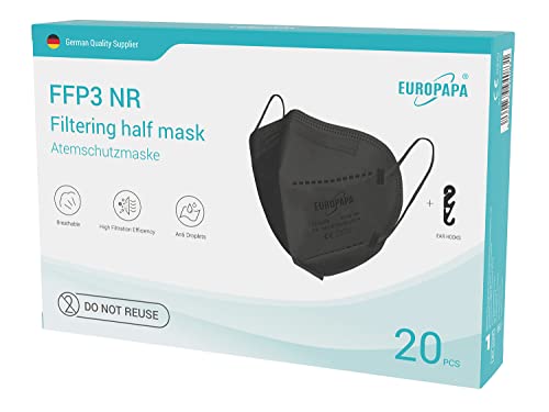 EUROPAPA 20x FFP3 Schwarz Masken Atemschutzmaske 5-Lagen Staubschutzmasken hygienisch einzelverpackt Stelle zertifiziert EN149 2001 A1 2009 Mundschutzmaske EU2016 425
