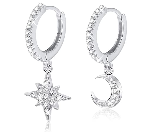 Milacolato 925 Sterling Silber Hängend Ohrringe CZ Hänge Creolen Mond und Stern mit Anhänger Mini Asymmetrische Cartilage Hängende Huggie Ohrringe Damen