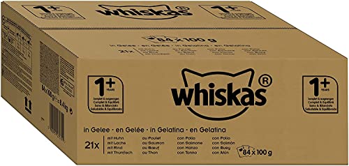 Whiskas 1 Katzenfutter Geflügel-Auswahl in Gelee Hochwertiges Feuchtfutter für ausgewachsene Katzen 84 Portionsbeutel 100g