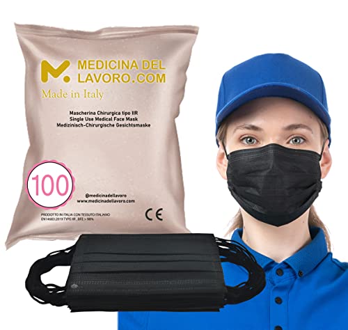 100 Medizinische OP-Maske Schwarz CE Zertifiziert für Medizin Typ IIR Hohe Filtereffizienz BFE 98 - Chirurgische Mundschutz Maske Gesichtsmaske 3 Schichten Elastikband 100 Stück - Made in Italy