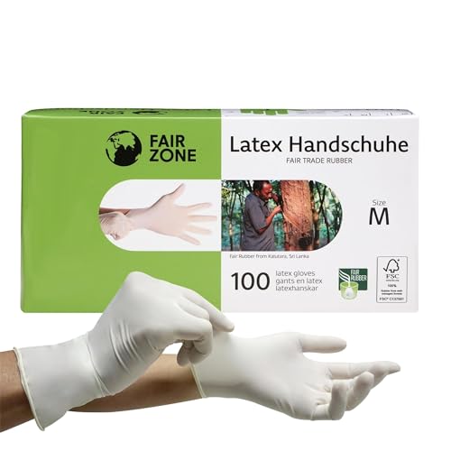 FAIR ZONE Latex Einweghandschuhe M 100 Stück Latex Handschuhe Puderfrei Nachhaltig Fairtrade Latexhandschuhe Umweltfreundlich Plastikfrei