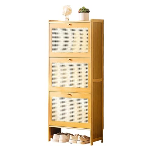 Rattan-Schuhschrank mit 3 Klappen schmales Schuhregal schmaler Schuh-Organizer freistehend aus Holz für Eingangsbereich Flur Schlafzimmer Farbe A Größe 50 x 22 5 x 120 cm