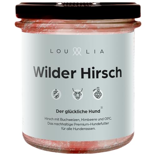 Lou und Lia Nassfutter für Hunde - Wilder Hirsch - Hundefutter mit 100% frischem Fleisch Getreidefrei Monoprotein - Buchweizen Himbeere OPC - Für alle Hunde 4X 290g Gläser 4 x 290 g