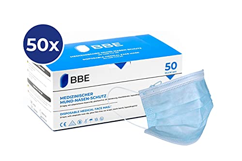 BBE Solutions 50 Stück medizinische Einwegmaske Mundschutz Op Masken Schutzmaske Atemschutz 3lagig MNS Typ 2R blau getestet gemäß EN 14683