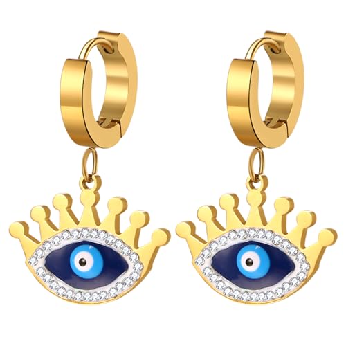 JewelryWe Böser Blick Ohrringe Damen Gold Blau Edelstahl Strass Creolen Huggie Ohrringe mit Baumelnde Augen Krone Evil Eye Starburst Hängende Ohrringe Ohrhänger Geschenk für Frauen Mädchen