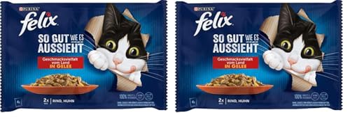 FELIX So gut wie es aussieht Katzenfutter nass in Gelee mit Huhn Rind 24er Pack 12 x 4 Beutel 85g