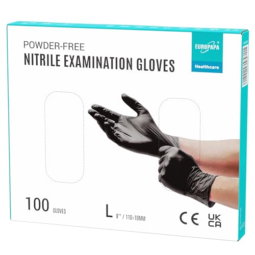 EUROPAPA 100x Nitrilhandschuhe Box Einweghandschuhe Einmalhandschuhe Untersuchungshandschuhe Nitril puderfrei ohne Latex unsteril latexfrei disposible gloves L Schwarz