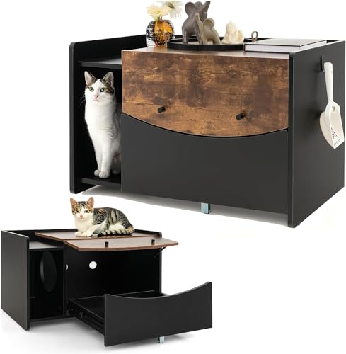 COSTWAY Katzenschrank für Katzentoilette Katzenhaus mit ausziehbarer Schublade Eingang Haken Klapptür Katzenklo Schrank Katzenmöbel Katzenhöhle für Katzen Haustier Braun Vintage