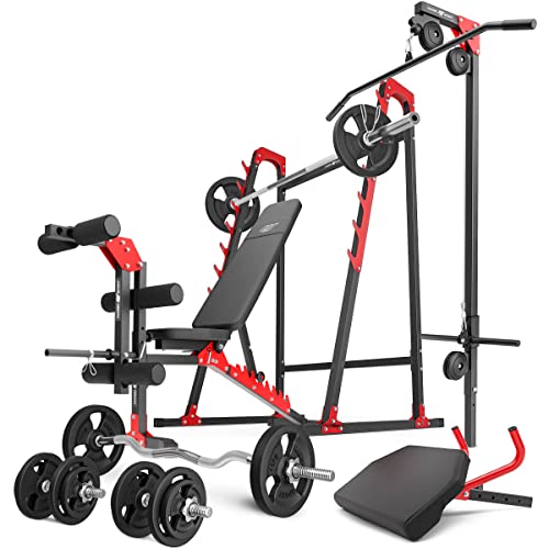 Marbo Sport   Set MH26 verstellbare Langehantelständer Latzug Curl Bank Beintrainer 1x SZ Curlstange 2x Kurzhantelstange 1x Gewichtsscheiben 83 insg.