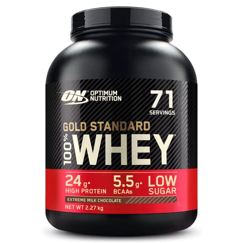 Optimum Nutrition ON Gold Standard Eiweißpulver zum Muskelaufbau natürlich enthaltene BCAA und Glutamin Extreme Milk Chocolate 71 Portionen 2.27kg Verpackung kann Variieren