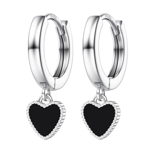 CASSIECA 925 Sterling Silber Creolen Ohrringe für Damen Mädchen Schwarze Herz Anhänger Ohrringe Minimalistische Huggie Ohrringe