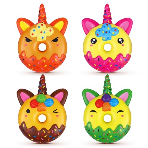 Anboor 4 Stück Squishies niedliche Einhorn Donut Squishies langsam aufsteigende Lebensmittel Squishies zur Stressreduktion für Kinder Tier-Schaum-Squishies-Spielzeug als Geburtstagsgeschenke