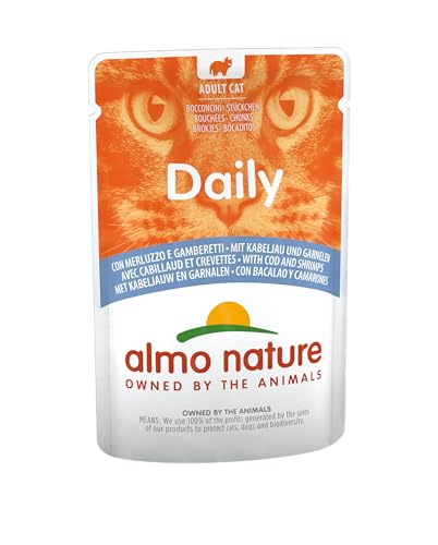 Almo Nature Daily Nassfutter für Erwachsene Katzen mit Kabeljau und Garnelen - Beutel 70 g.