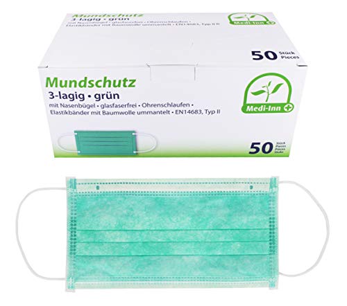 Medi-Inn Mundschutz Atemschutz 3-lagig mit Nasenbügel und Elastikbändern grün Typ II 50 Stück