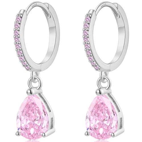 MASOP Creolen Silber 925 11mm mit Anhänger Pink AAA Zirkonia 9mm Silberohrringe Rosa Wassertropfen Stein Hängend Klein Schmuck Geschenke für Damen Freundin Frauen Mädchen