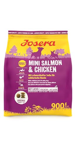 JOSERA Mini Salmon Chicken 1 x 900 g Adult Mini Premium Trockenfutter für ausgewachsene Hunde Kleiner Rassen kleine Kroketten mit leckerem Soßenpulver auch nass zu verfüttern 1er Pack