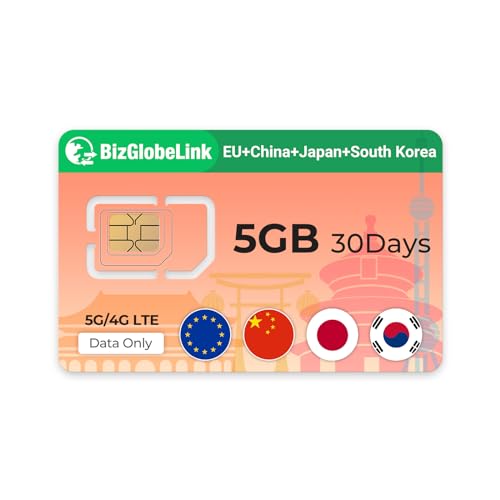 EIOTCLUB Prepaid SIM für Reisen BizGlobeLink SIM-Karte Internationale Nutzung in China Japan und Südkorea nur Daten 5G 4G LTE ohne Vertrag nachfüllbar für Handys WLAN-Router Tablets