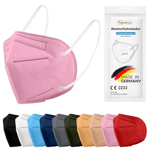 TubeRoo FFP2 Maske pink hellpink 10 Stück Masken aus Deutschland Made in Germany weiche runde Ohrschlaufen Bänder Atemschutzmaske Mundschutz Schutzmaske Staubmaske Feinstaubmaske