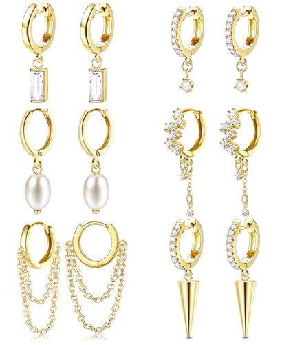 JeweBella 6 Pairs Ohrringe Hängend für Damen Mädchen Set Hypoallergene Creolen mit Cubic Zirkonia Opal Perlen Anhänger Ohrringe Silber Gold Ohrhänger Frauen