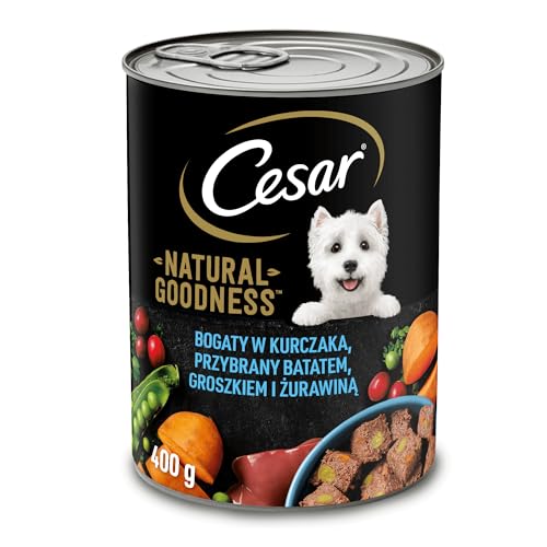 Cesar Natural Goodness Nassfutter für ausgewachsene Hunde reich an Huhn garniert mit Süßkartoffeln Erbsen und Preiselbeeren Dose 12 x 400g