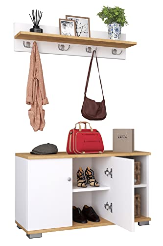 VCM 2-TLG. Holz Sitzbank Schuhschrank Schuhregal Garderobe Dielenmöbel Gados L Weiß Honig-Eiche