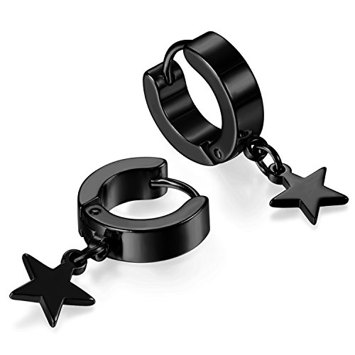 JewelryWe Schmuck Damen Ohrringe Creolen mit Edelstahl Stern Pentagram Anhänger Klappcreolen Ohrpiercing Ohrstecker Geschenk für Männer und Frauen Schwarz