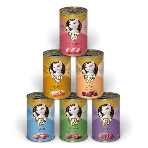 KITTY Cat Pat Mix 1 6 x 400 g Nassfutter für Katzen im Probierpaket getreidefreies Katzenfutter mit Taurin Lachsöl und Grünlippmuschel Alleinfuttermittel mit hohem Fleischanteil Made in Germany