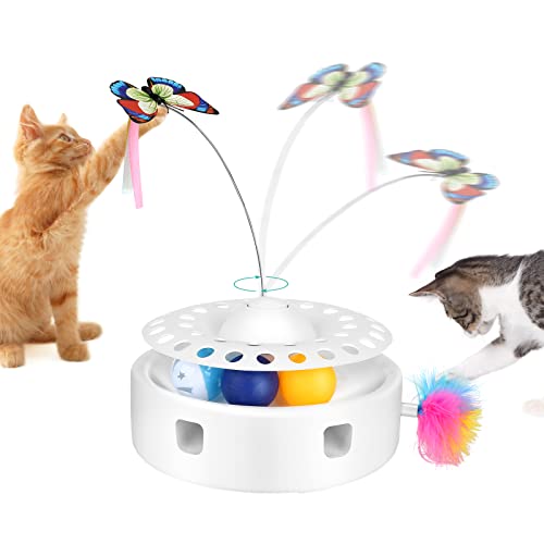 PETTOM 3 in 1 Katzenspielzeug Elektrisch Mute Interaktives Katzenspielzeug mit Federn Ballübungs Katzenspielzeug Rotierender Schmetterling Selbstbeschäftigung Katzen-Teaser-Spielzeug für Katzen