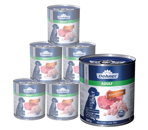 Dehner Premium Hundefutter Nassfutter getreidefrei für ausgewachsene Hunde Rind Pute 6 x 800 g Dose 4.8 kg