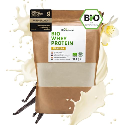 RheinNatur Bio Whey Protein-Pulver Vanille 900 g - Eiweißpulver mit natürlichem Aroma ohne Soja - 100% Bio Molke-Protein für Proteinshakes