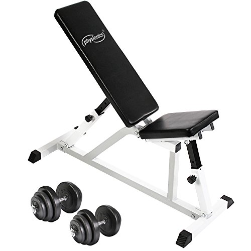 Physionics Multifunktional Hantelbank mit Hantelset - Hantelbank Klappbar 200kg belastbar Hantelset 2 Kurzhanteln 40kg Verstellbar - Schrägbank Trainingsbank Fitnessbank mit Gewichten