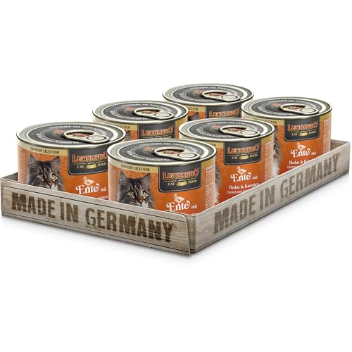 LEONARDO Katzen Nassfutter Superior Selection Ente mit Huhn Karotten 6x200g Dose für ausgewachsene Katzen getreidefrei ohne Zucker Made in Germany