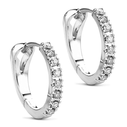 Orovi Schmuck Damen runde Brillant-Diamant-Creolen besetzt mit 16 natürlichen Diamanten im Brillantschliff 0.09CT Zeitlose klassische Ohrringe aus Weißgold 14 Karat 585 Gold Kreolen-Durchmesser 12mm