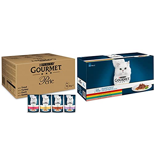 PURINA GOURMET Perle Erlesene Streifen in Gelee 96 Portionsbeutel Katzenfutter nass Sorten-Mix 12er Pack 12 x 8 Beutel 85g Perle Erlesene Streifen Katzenfutter nass 60er Pack 60 x 85g