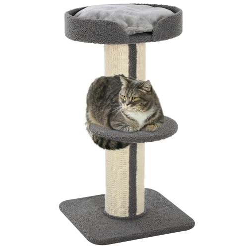 PawHut klein 91 Katzenbett Katzenkratzbaum Spielbaum Kratzstamm Plattform für bis 5kg Sisal Lammwolle Grau