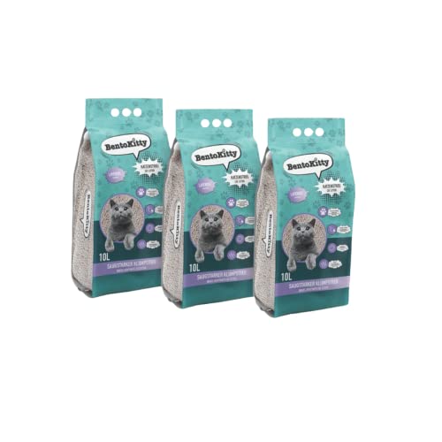 BentoKitty 30L 3er Pack Lavendel Klumpend weiß feinkörnig Klumpstreu Bentonite für Sensitive Katzenpfoten geeignet